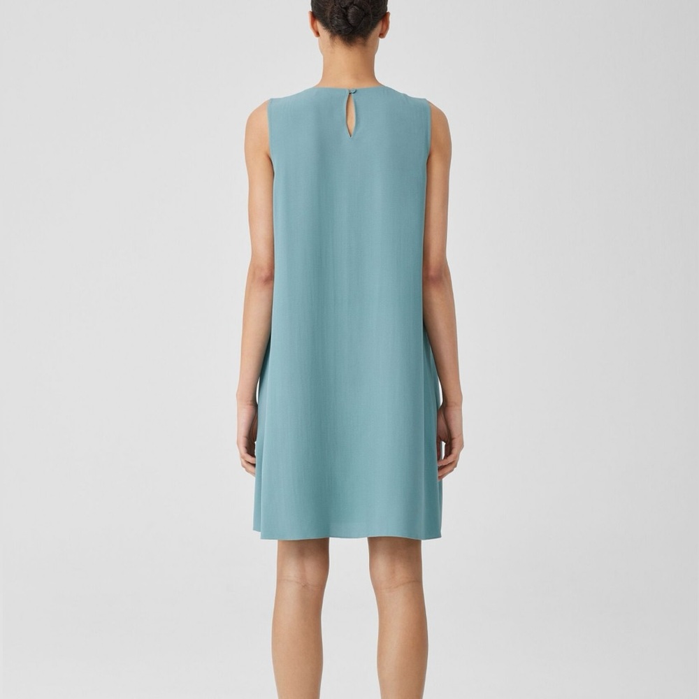 Eileen Fisher Silk Georgette Crepe Round Neck Dress Teal SP - Picture 5 of 9